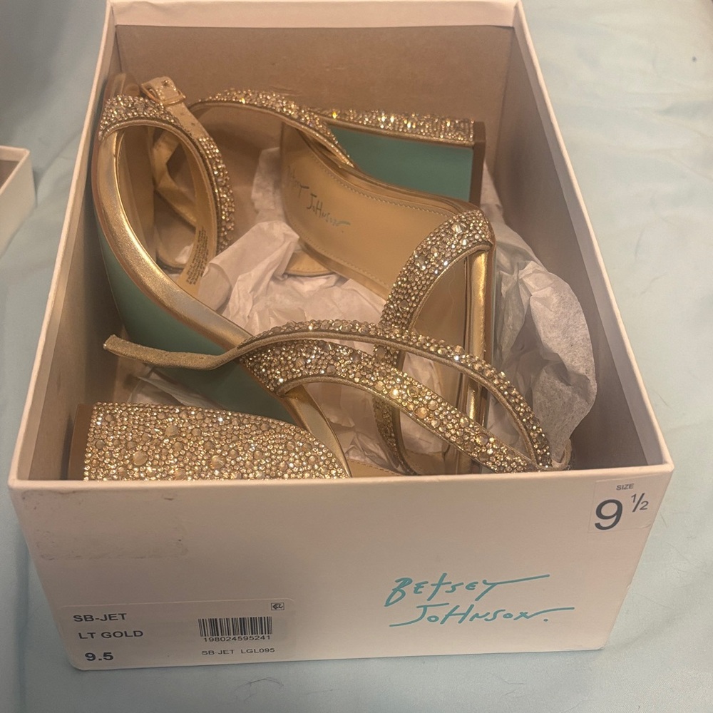 Betsey Johnson Light Gold Crystal Block Heel Sandals